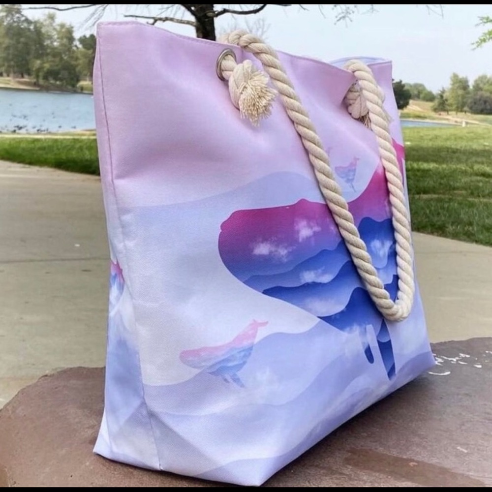 New! Ombré Ocean Whale Rope Handle Tote Travel Bag Beach with pocket - Picture 5 of 12